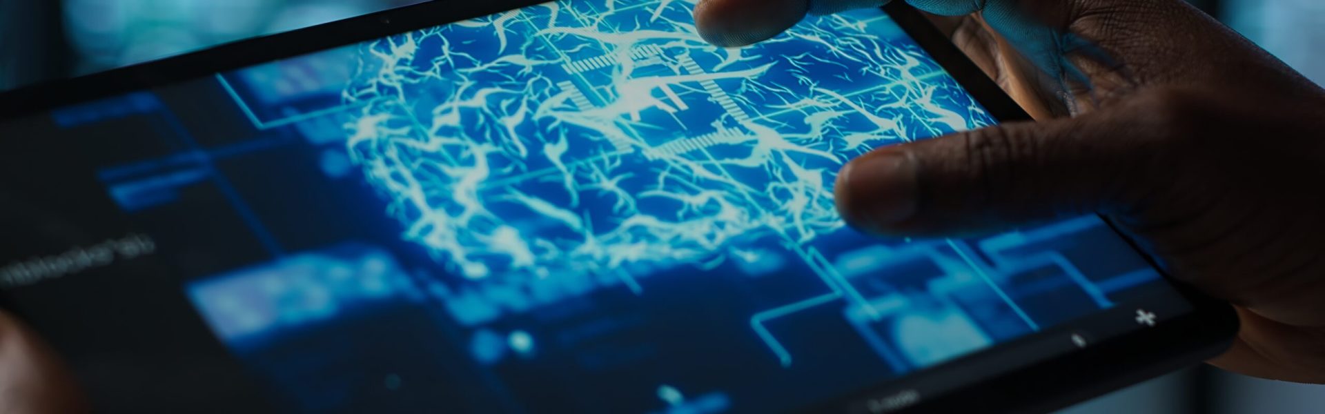 close up of computer scientist in data center uses ai on tablet