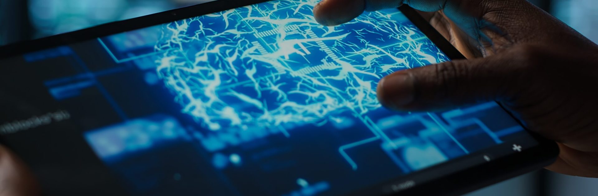 close up of computer scientist in data center uses ai on tablet